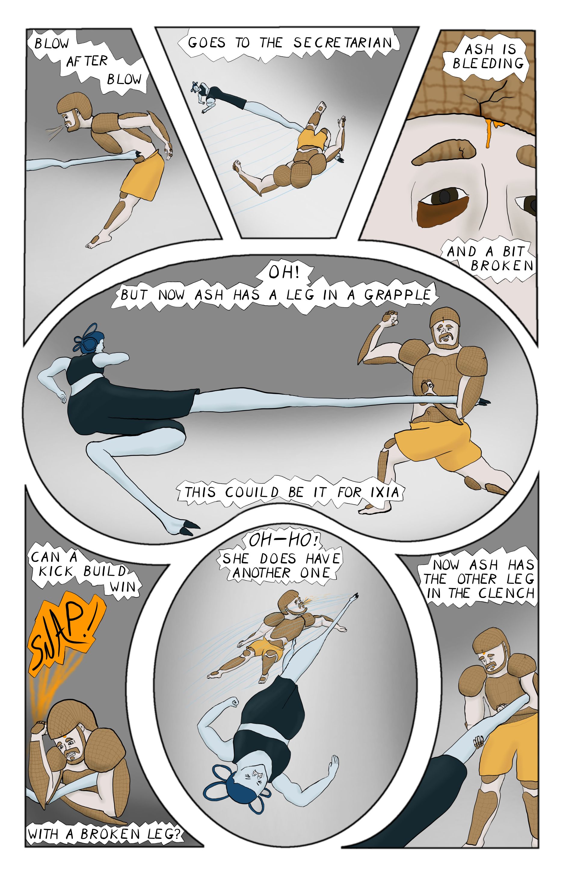 A comic featuring the armadillite getting kicked and then grabbing the secretarian's leg and breaking it, getting kicked again, then grabbing the other leg.