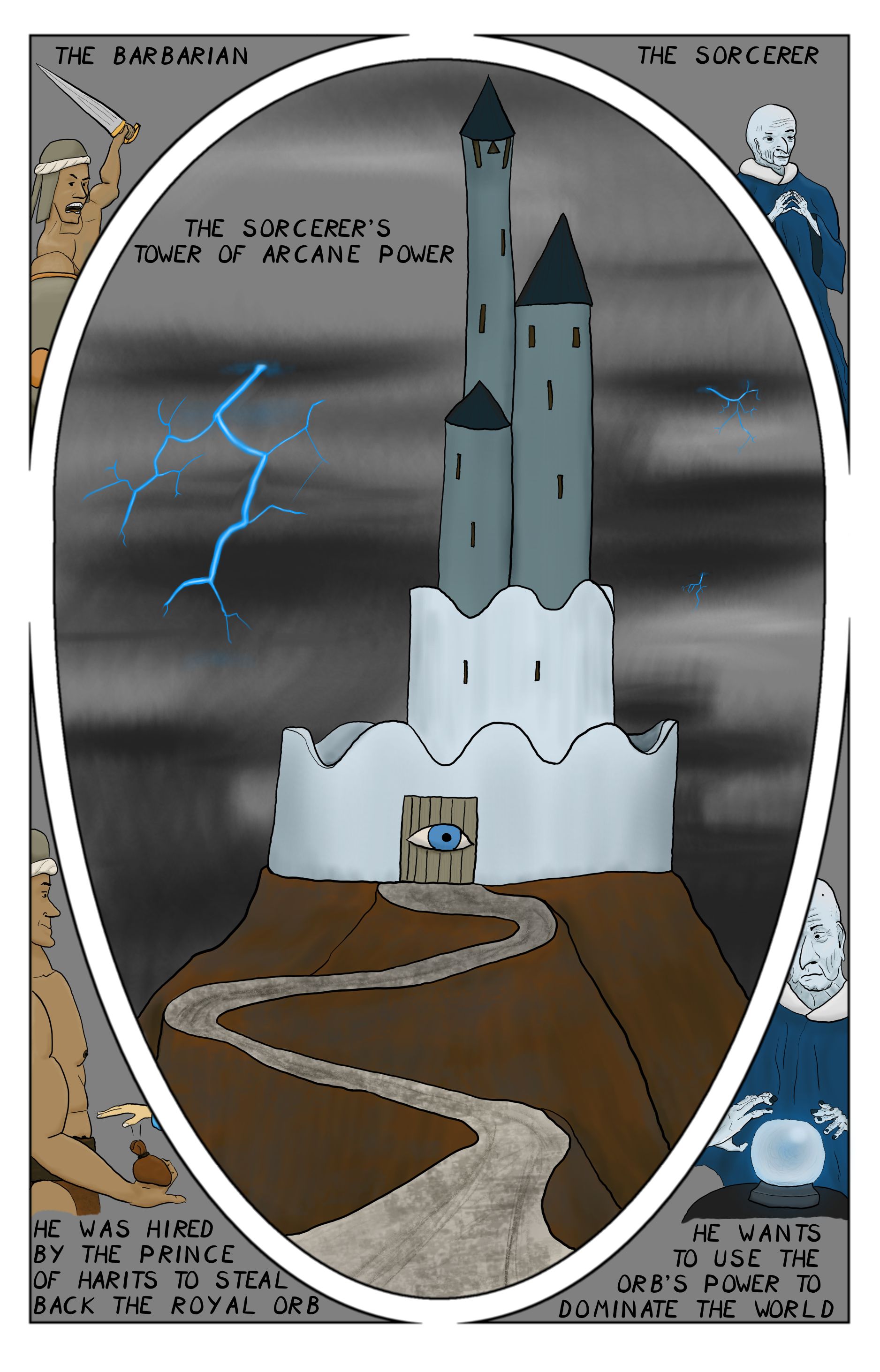 A comic featuring a barbarian on the left corners, a sorcerer on the right corners, and the framed scene of a tower of arcane power, with lightning bolts in the background.