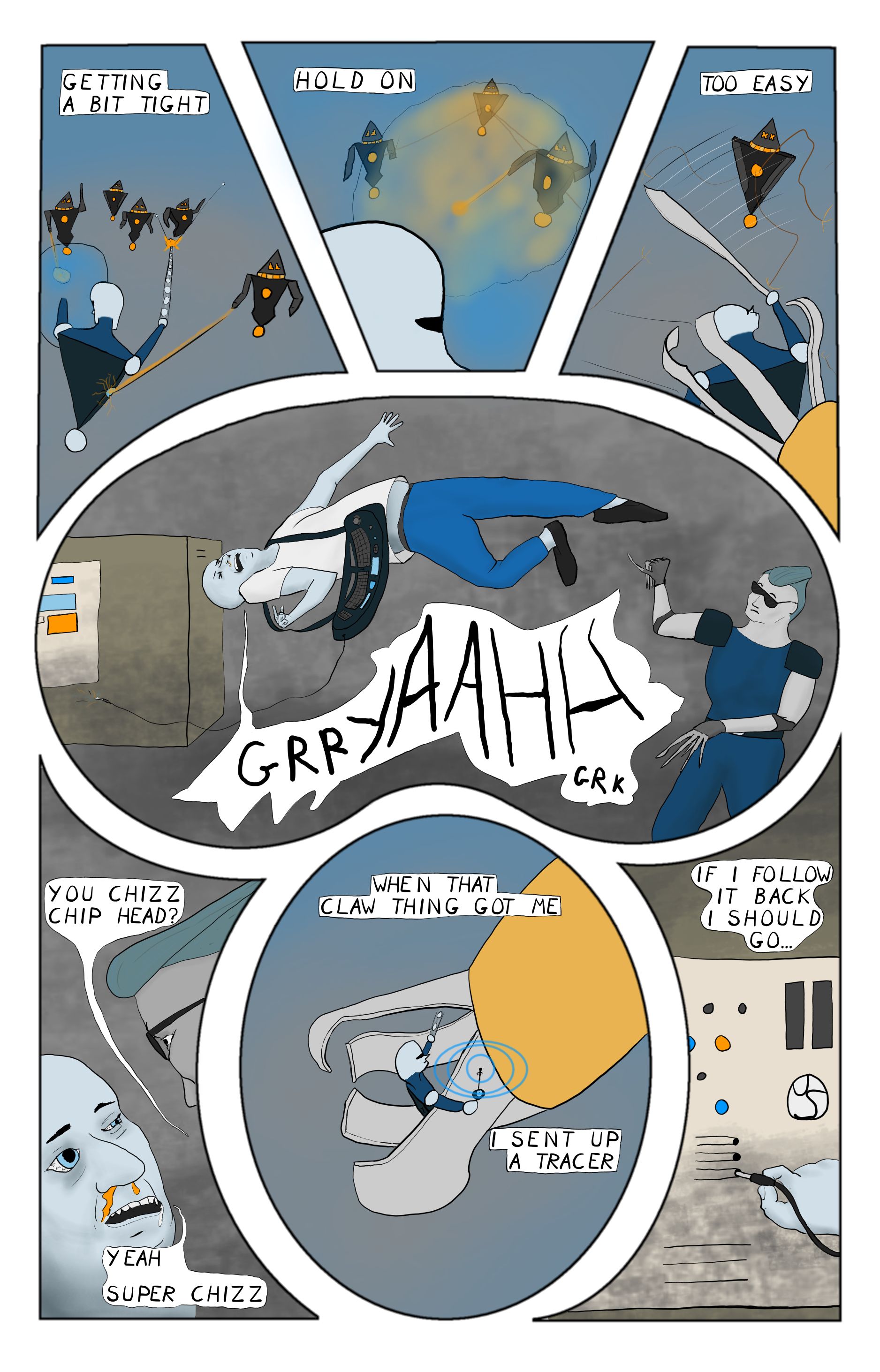 A comic featuring a decker's avatar fighting black IC bots and then getting violently yanked out of cyberspace by an AI. Back in the meatspace he lets his street samari know that he planted a tracer on the AI.