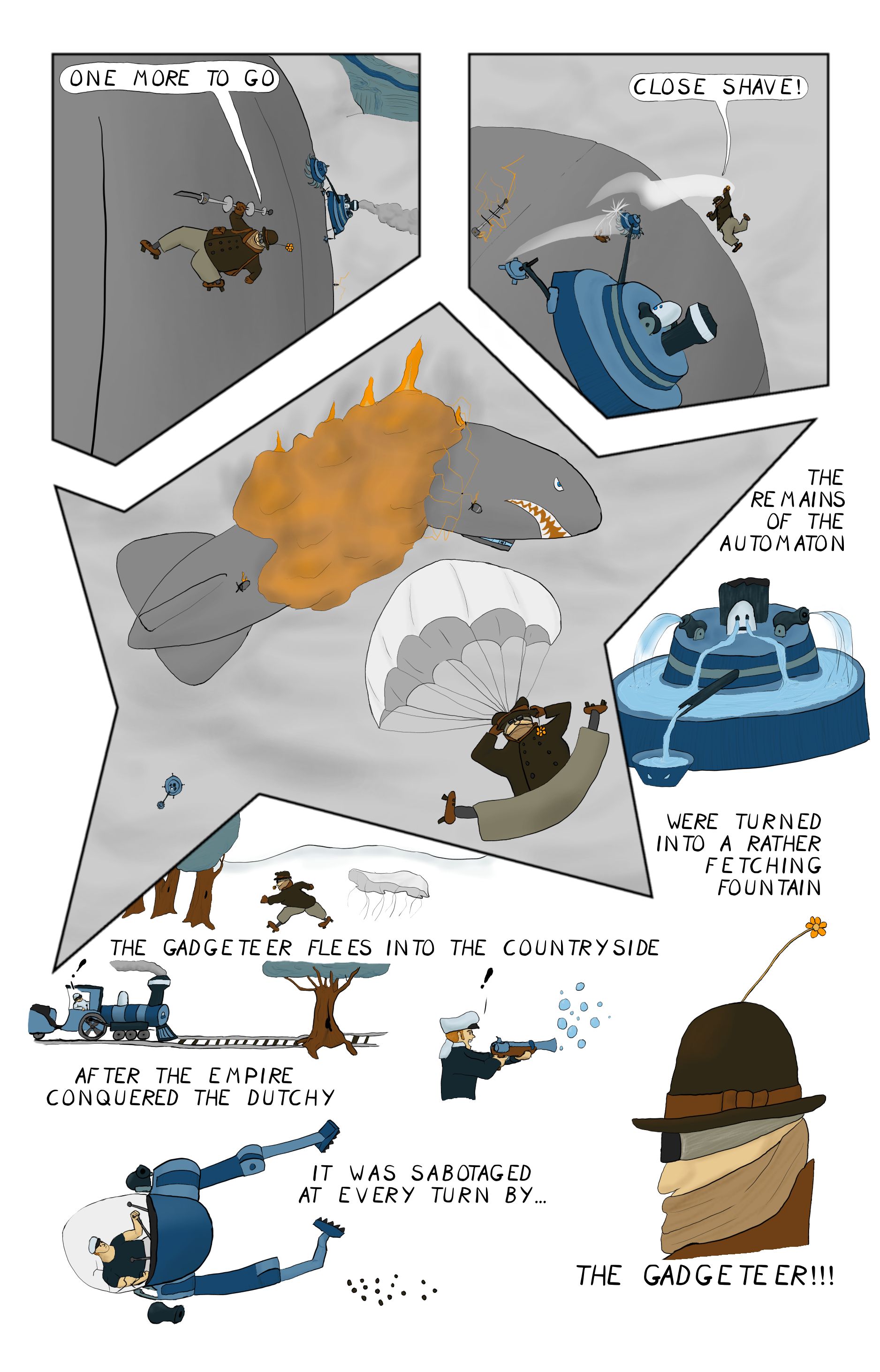 A comic featuring a gadgeteer planting a tesla coil igniter just befor narrowly evading an automoton's buzzsaw, the gadgeteer parachuting from the exploding dirigible as the automoton plummets to its doom in background, and the gadgeteer contuing in various sabatauges while the automoton is converted into a fountain.
