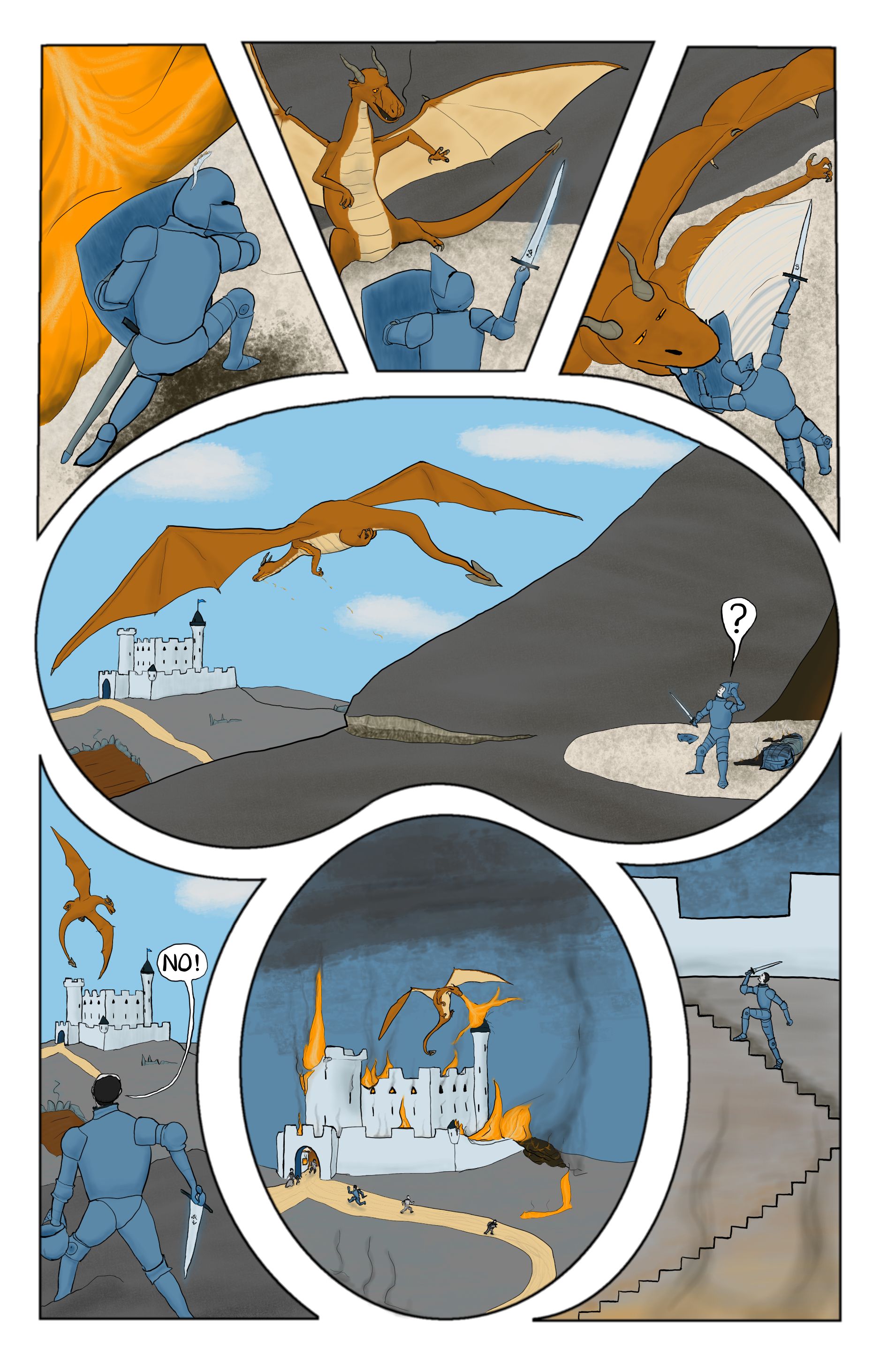 A comic featuring a knight blocking a dragons fiery breath with his shield then swinging a sword at the dragon while the dragon takes a bite out of his shiels. The dragon then flies towrd a castle. The knight chases after the dragon as it burns the castle down.