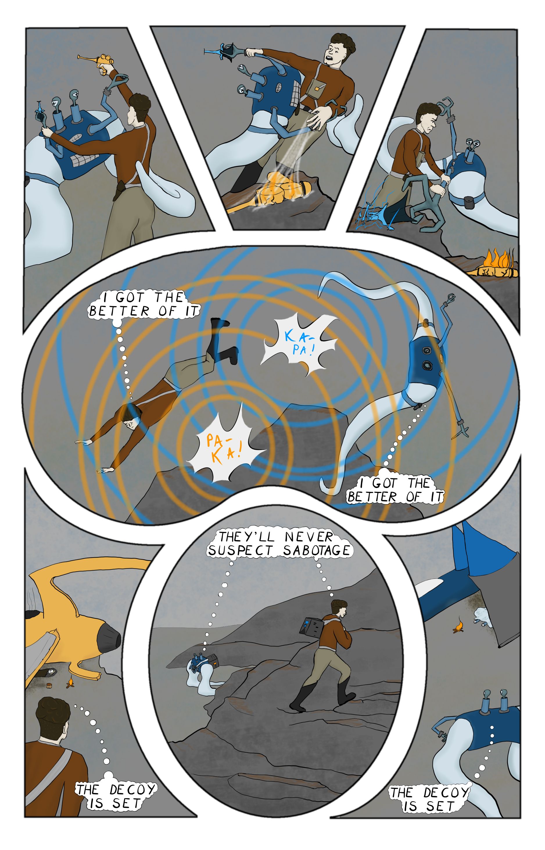 A comic featuring a human and an alien wresteling the ray guns out of their opponent's hands, the ray guns exploding. Then the opponents set up decoys before setting off to sabatoge the other's camps.