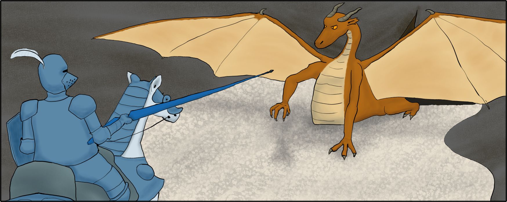Drawing of a knight charging a dragon